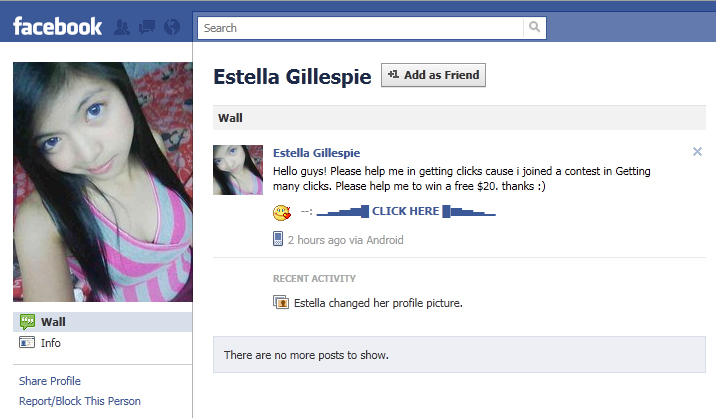 Facebook WARNING: Avoid the "Need help please.. :) can you please click "Click Here" in her profile.. Thanks!" SCAM