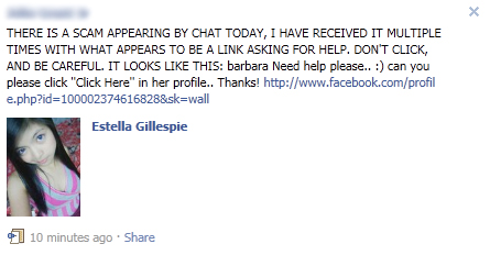 Facebook WARNING: Avoid the "Need help please.. :) can you please click "Click Here" in her profile.. Thanks!" SCAM