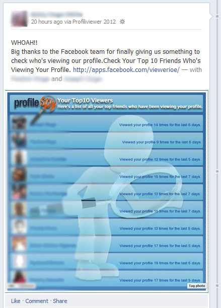 Facebook WARNING: Avoid the "Check Your Top 10 Friends Who's Viewing Your Profile With Profile Spy, Profile Viewer and Profiliviewer 2012" SCAM